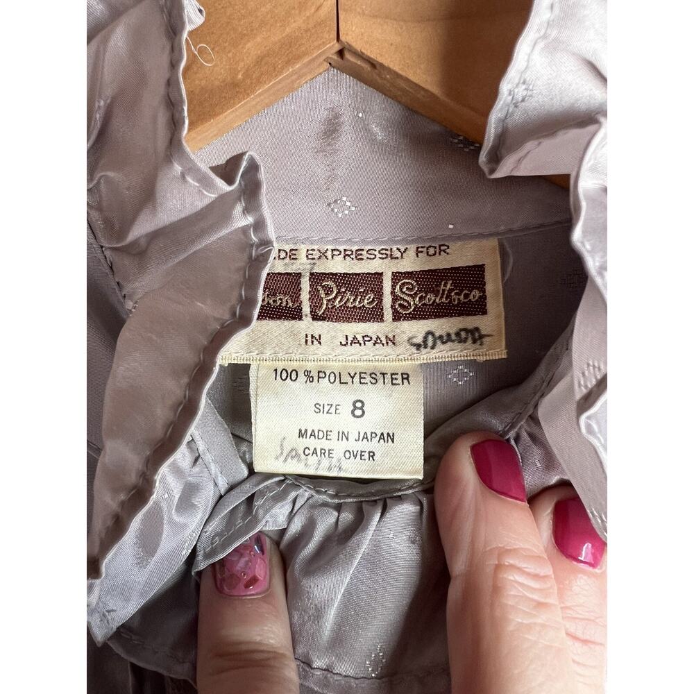 Vintage Gray Ruffled Mock Neck Diamonds Romantic Long Sleeve Satin Blouse Sz M - Picture 5 of 8